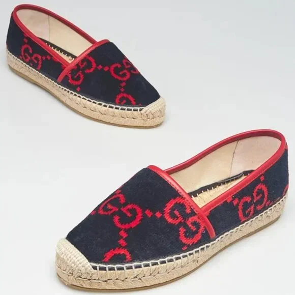 Gucci GG Logo Pilar Jute Espadrille Flat Blue Red Velvet - Picture 2 of 5